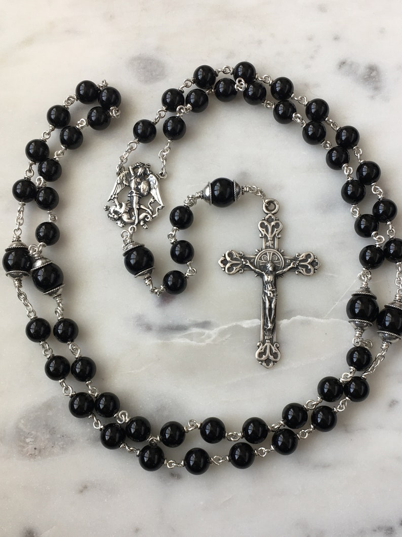 Saint Michael Men's Rosary 8mm Onyx Gemstones All Sterling Silver Replicas of Antique French Medals Sterling Silver Wire CeCeAgnes image 6