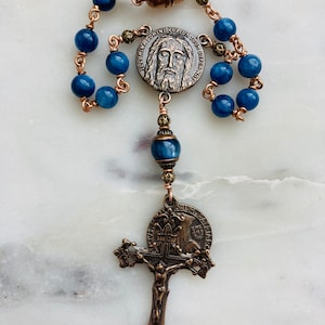 Holy Face Saint Benedict Auto Rosary - Kyanite and Bronze - One Decade Rosary - Car Rosary CeCeAgnes