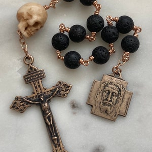 Memento Mori Rosary - Holy Face of Jesus - Lave Bead and Ox Bone Skull - Bronze - Wire-wrapped Tenner - Pardon Crucifix CeCeAgnes