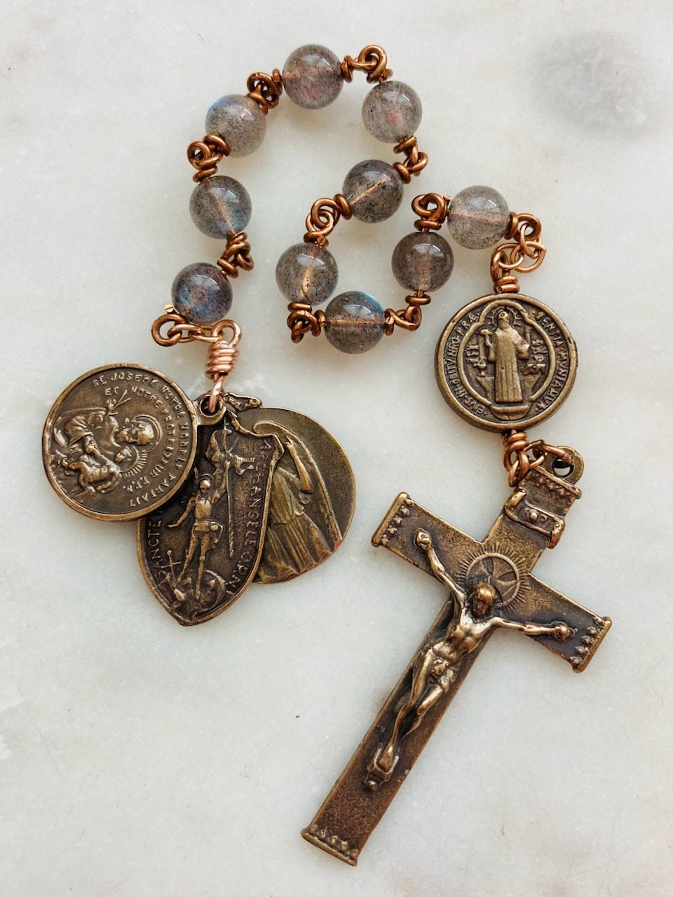 Saint Benedict Protection Pocket Rosary - Labradorite and Bronze - Single Decade Rosary CeCeAgnes