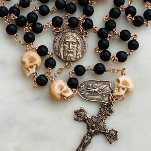 Saint Michael Memento Mori Rosary - Lava Beads, Ox Bone Skulls & Bronze Pardon Crucifix