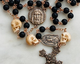 Saint Michael Memento Mori Rosary - Lava Beads, Ox Bone Skulls & Bronze Pardon Crucifix