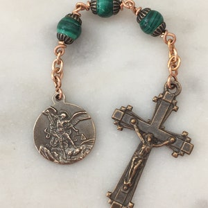 Three Hail Mary Chaplet - Malachite Gemstones and Bronze Medals - Saint Michael CeCeAgnes