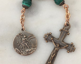 Three Hail Mary Chaplet - Malachite Gemstones and Bronze Medals - Saint Michael CeCeAgnes