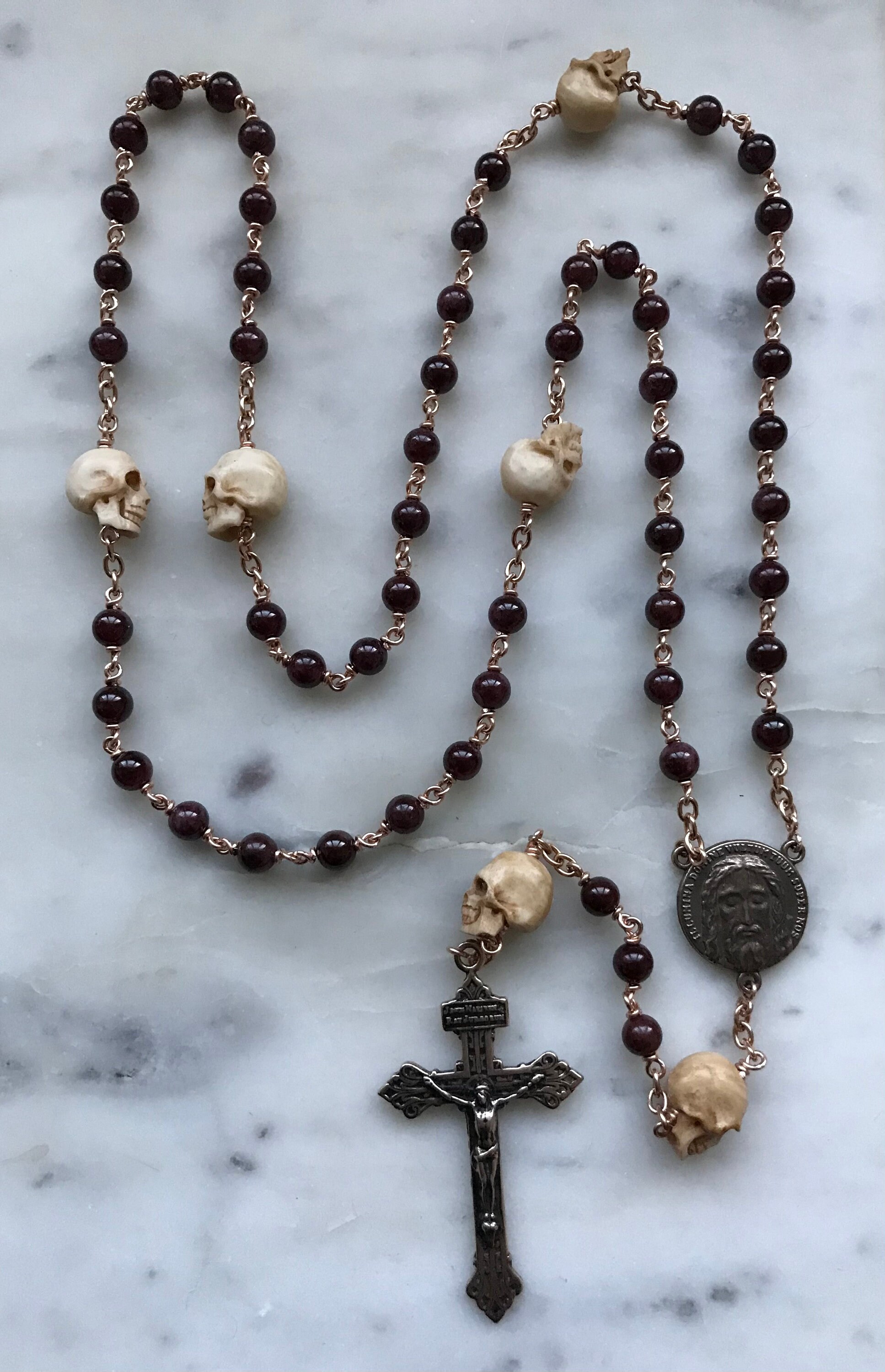 High Quality Garnet Rosary With Pardon Crucifix Wire-Wrapped in Bronze