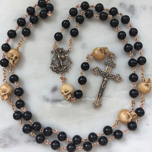 Memento Mori Rosary - Saint Michael- Onyx and Ox Bone Skulls - Bronze - Wire-wrapped - Pardon Crucifix