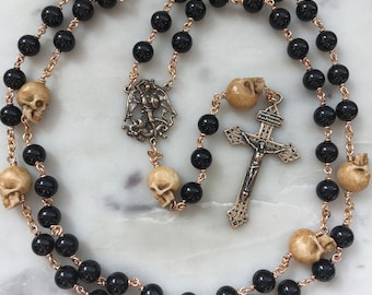 Memento Mori Rosary - Saint Michael- Onyx and Ox Bone Skulls - Bronze - Wire-wrapped - Pardon Crucifix
