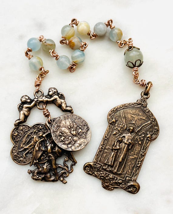Blue Calcite Bronze Guardian Angel Rosary: Michael, Gabriel