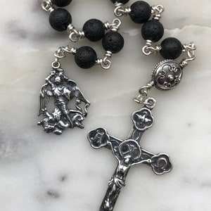 Saint Michael Pocket Rosary - Lava Bead and Ox Bone Skull - Sterling Silver - Tenner - Single Decade Rosary CeCeAgnes