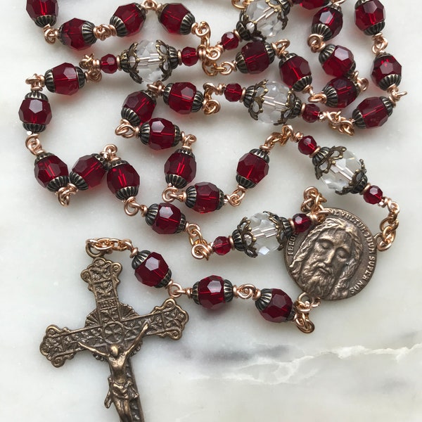 Holy Face Chaplet - Crystal and Bronze - Sacred Heart Crucifix