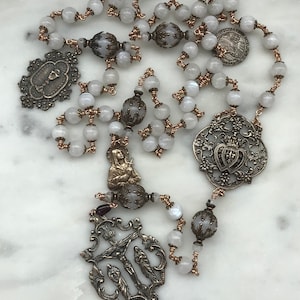 White Moonstone and Bronze Rosary - Antique French Reproduction Medals CeCeAgnes