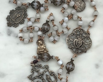 White Moonstone and Bronze Rosary - Antique French Reproduction Medals CeCeAgnes