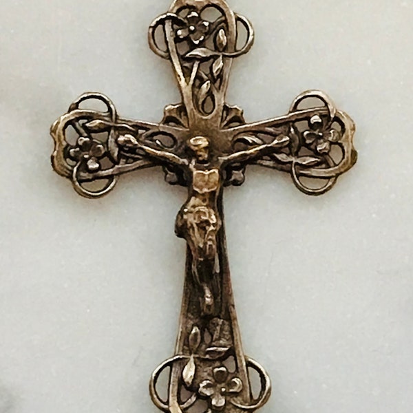 Floral Crucifix - Sterling Silver or Bronze - Antique Reproduction 1229 CeCeAgnes