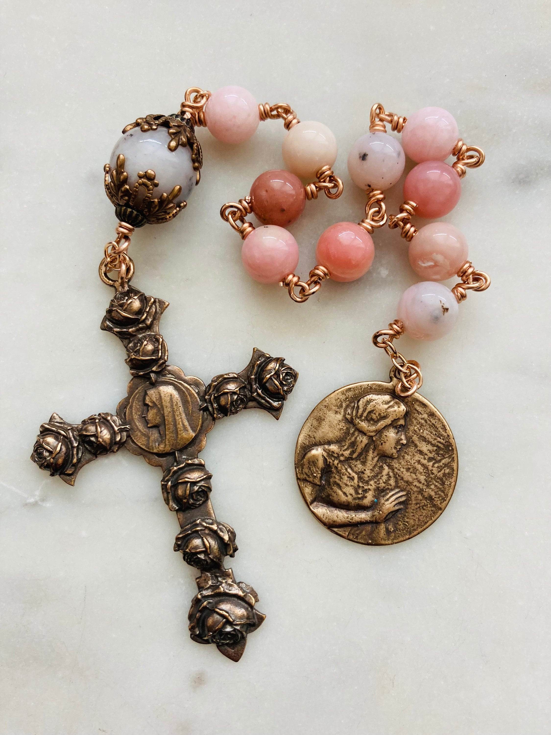 Mary Magdalene Pocket Rosary Opal Bronze Roses Cross - Etsy