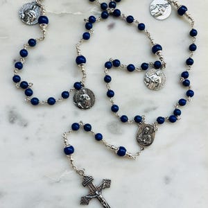 Evangelist Rosary - Sterling Silver Lapis Lazuli - Antique Reproduction Medals - Matthew Mark Luke John