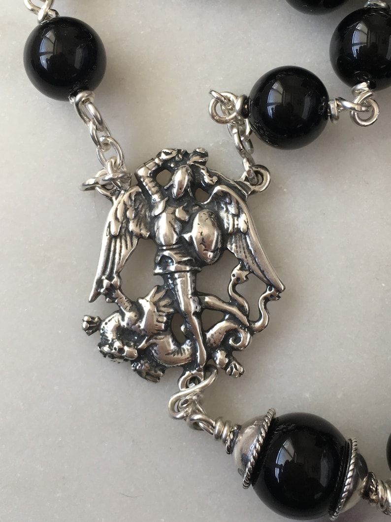 Saint Michael Men's Rosary 8mm Onyx Gemstones All Sterling Silver Replicas of Antique French Medals Sterling Silver Wire CeCeAgnes image 4