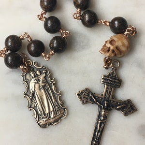 Memento Mori Rosary - Bronzite and Ox Bone - Bronze or Sterling Silver - Wire-wrapped Tenner - Carmelite Pocket rosary - Scapular CeCeAgnes