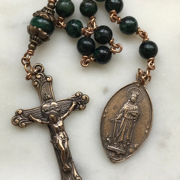 Saint Dymphna Green Mica One Decade Pocket Rosary - Bronze CeCeAgnes