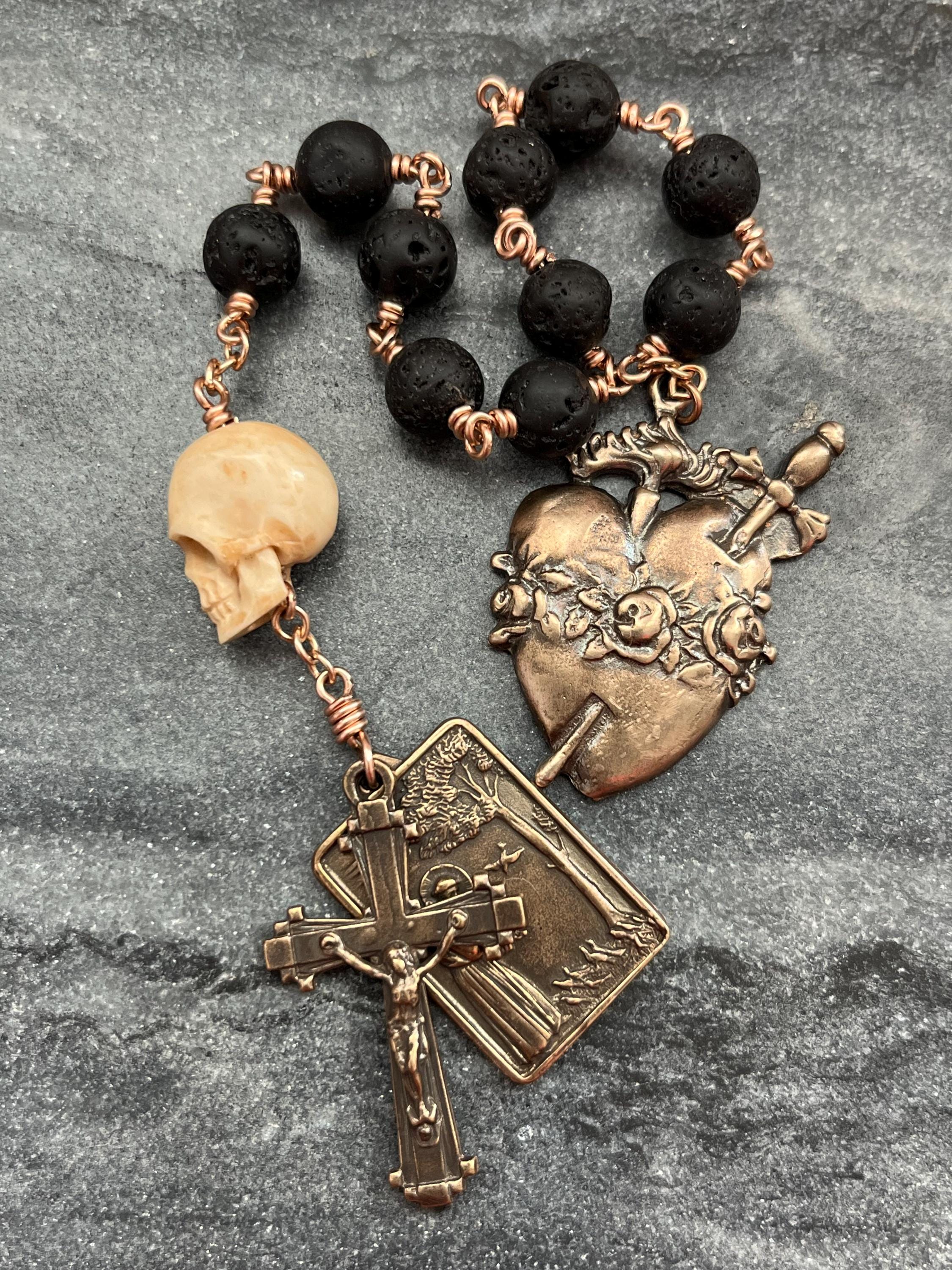 Memento Mori Rosary - Lava Beads and Ox Bone Skull Ceceagnes - Etsy