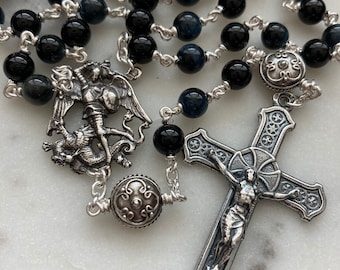 Saint Michael Rosary - Sterling Silver, Black Onyx, Blue Tiger Eye - Wire-Wrapped - CeCeAgnes