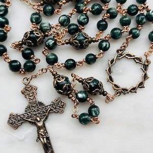 Crown of Thorns Rosary - Seraphinite Gemstones and Solid Bronze - Sacred Heart Crucifix CeCeAgnes