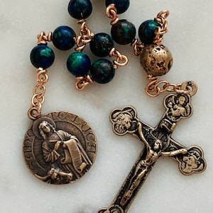 Saint Luke Rosary - Single Decade - Evangelist Crucifix - Azurite and Bronze CeCeAgnes