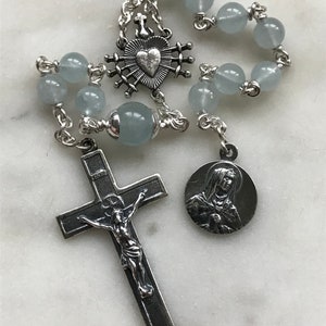 Pocket Servite Rosary - Aquamarine Gemstones - Sterling and Sterling Silver - Seven Sorrows Chaplet - Our Lady of Sorrows CeCeAgnes