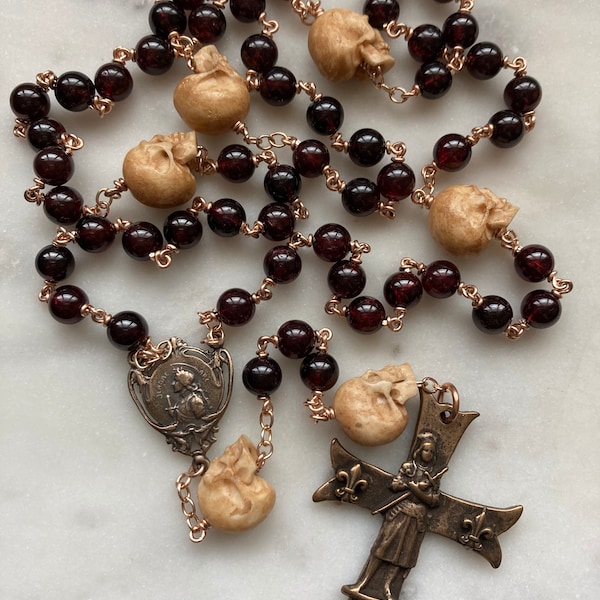 Memento Mori Rosary - Saint Joan of Arc - Garnets and Ox Bone Skulls - Bronze - Wire-wrapped - CeCeAgnes