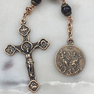 Three Hail Mary Chaplet - Holy Spirit Medal - Alpha Omega Crucifix - Garnet Gemstones - Bronze CeCeAgnes