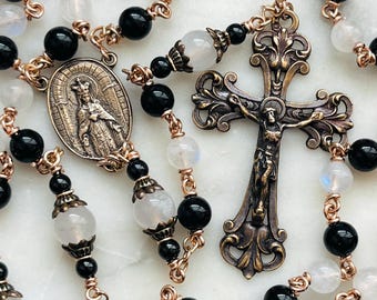 White Moonstone, Onyx and Bronze Rosary - Saint Catherine of Siena CeCeAgnes