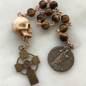 Memento Mori Rosary - Tiger Eye and Ox Bone Skull - Bronze - Wire-wrapped Tenner - Saint Patrick CeCeAgnes