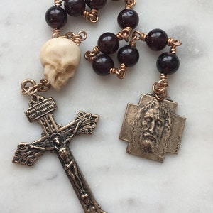 Memento Mori Rosary - Holy Face of Jesus - Garnet and Ox Bone Skull - Bronze - Wire-wrapped Tenner - Pardon Crucifix CeCeAgnes