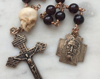 Memento Mori Rosary: Garnet, Ox Bone Skull, Bronze Pardon Crucifix