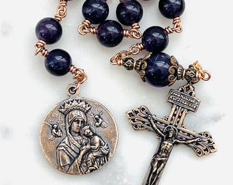 Our Lady of Perpetual Help Pocket Rosary - Amethyst and Bronze - Single Decade Tenner - CeCeAgnes