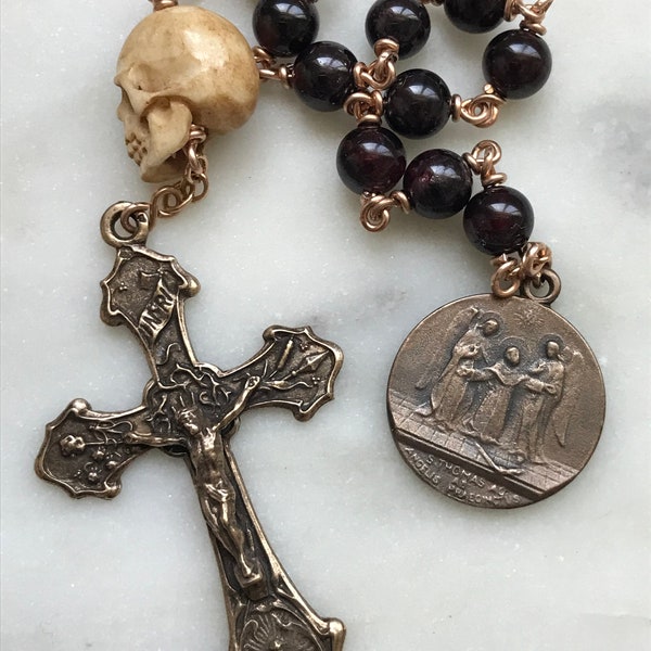 Memento Mori Rosary - Saint Thomas - Garnet and Ox Bone Skull - Bronze - Wire-wrapped Tenner - Passion Crucifix