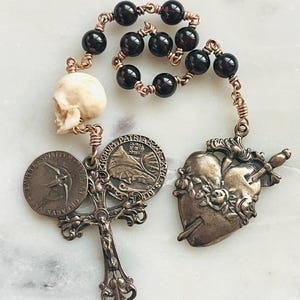 Memento Mori Garnet Rosary: Ox Bone Skull, Bronze Immaculate Heart