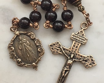 Divine Mercy Chaplet Pocket Rosary - Garnet Gemstones and Bronze - Pardon Crucifix - Single Decade Rosary CeCeAgnes