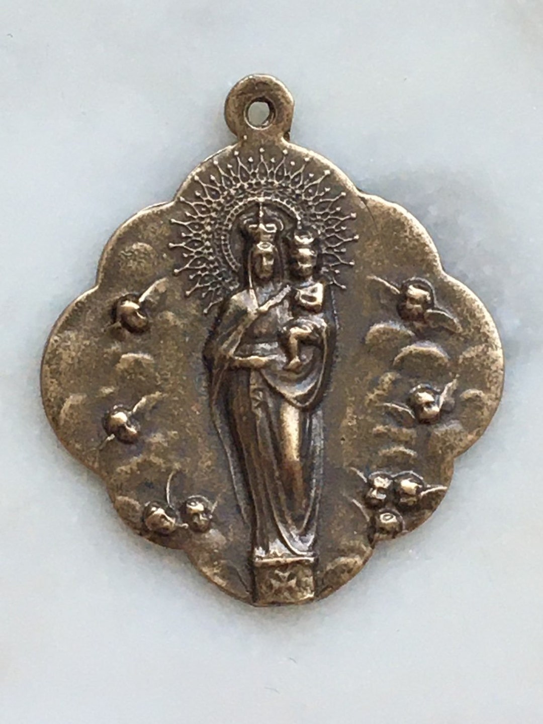 Our Lady of the Pillar Medal Bronze Mary With Angels, Antique ...