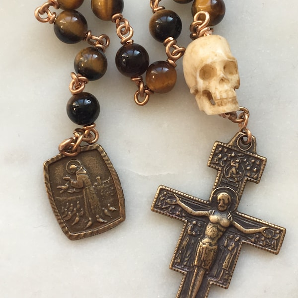 Memento Mori Rosary - Tiger Eye and Ox Bone Skull - Bronze - Wire-wrapped Tenner - St. Francis Pocket rosary CeCeAgnes