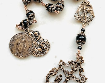 Saint Joseph, Miraculous Medal, Saint Michael Rosary: Onyx & Bronze Single Decade Tenner