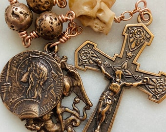 Three Hail Mary Chaplet - Bronze Medals and Beads - Saint Joan of Arc - Saint Michael -Memento Mori CeCeAgnes