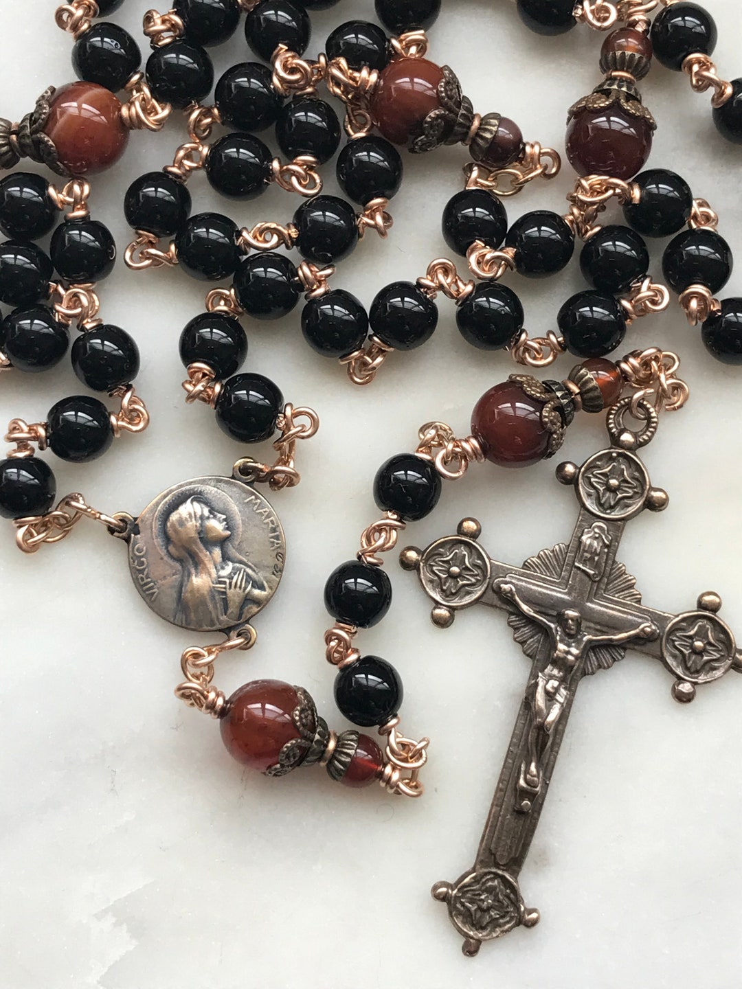 Black Onyx Rosary Bronze Medals Virgo Maria Ceceagnes Etsy