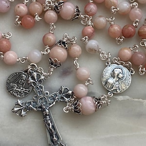 Handmade Pink Opal Rosary: Sterling Silver Medals, Antique French Style