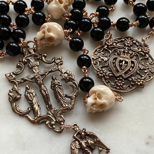 Memento Mori Rosary - Onyx and Ox Bone Skulls - Bronze - Wire-wrapped CeCeAgnes