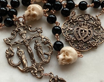 Memento Mori Rosary - Onyx and Ox Bone Skulls - Bronze - Wire-wrapped CeCeAgnes
