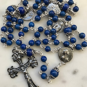 Sterling Silver Lapis Lazuli Gemstone Rosary - Antique Reproduction Medals - Virgo Maria CeCeAgnes