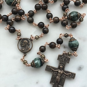 Bronze Franciscan Rosary - Saint Francis - Bronzite - Brown and Green Gemstones - San Damiano Crucifix CeCeAgnes
