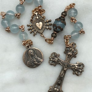 Pocket Servite Rosary - Aquamarine - Bronze - Seven Sorrows Chaplet - Our Lady of Sorrows