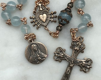 Pocket Servite Rosary - Aquamarine - Bronze - Seven Sorrows Chaplet - Our Lady of Sorrows