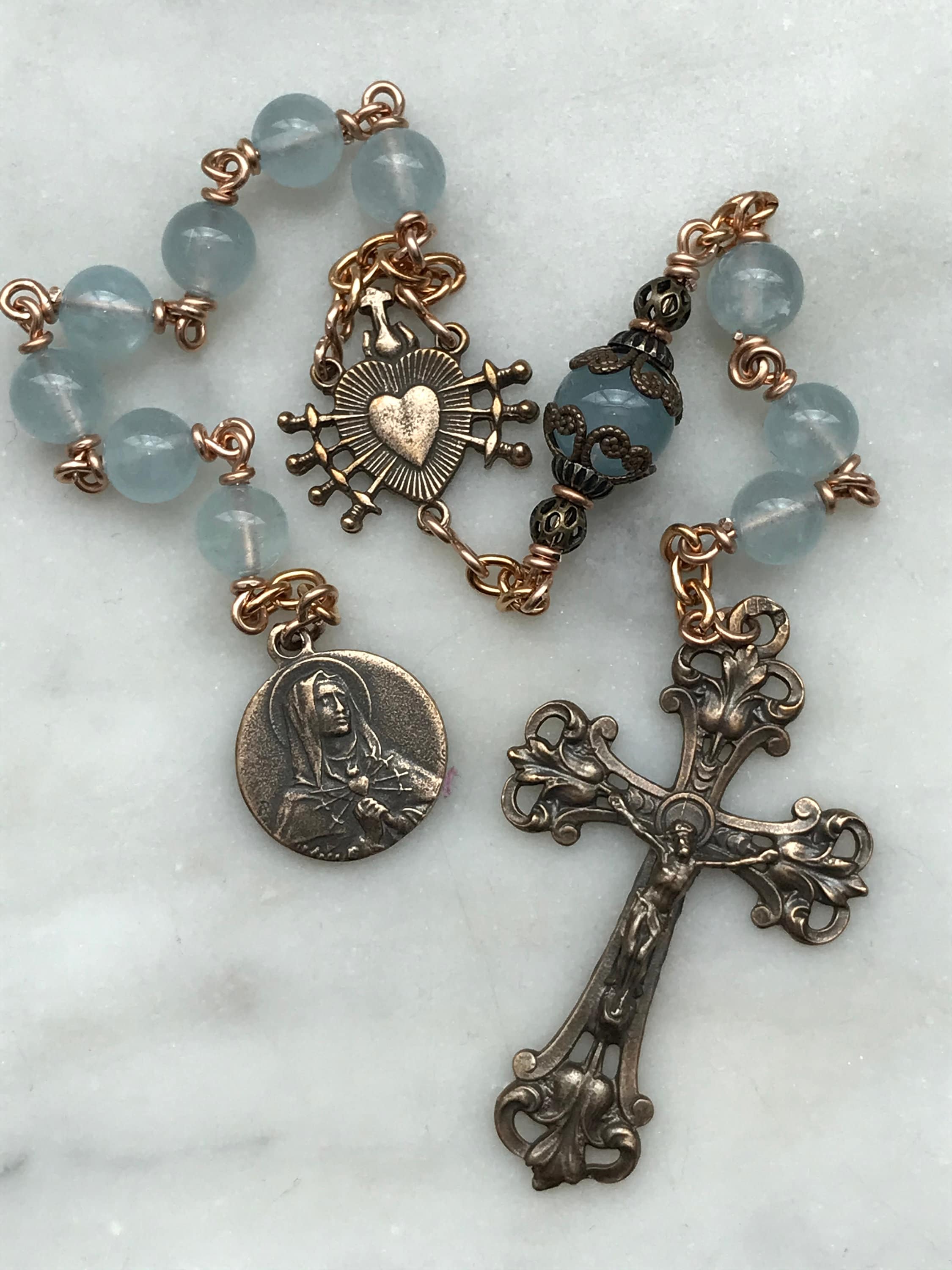 Pocket Servite Rosary - Aquamarine - Bronze - Seven Sorrows